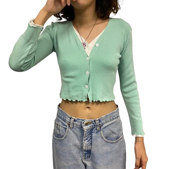 Womens Curly Hem Double Button Front Cropped Cardigan Sweater - Picture 1 of 4